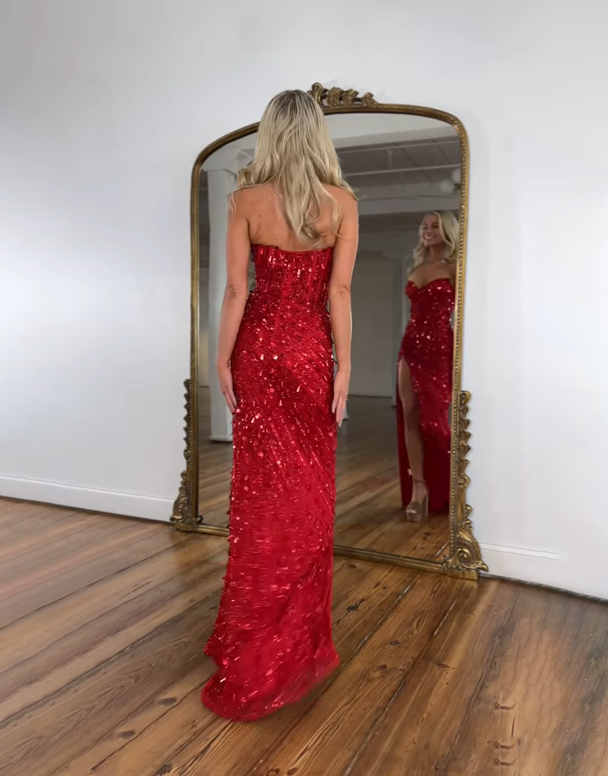 Sparkly Pink Sheath Sequin Corset Long Prom Dress with Slit