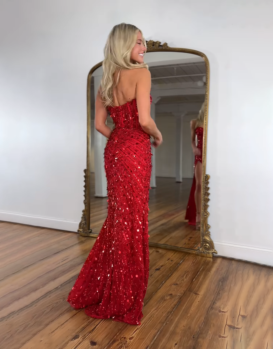 Sparkly Pink Sheath Sequin Corset Long Prom Dress with Slit