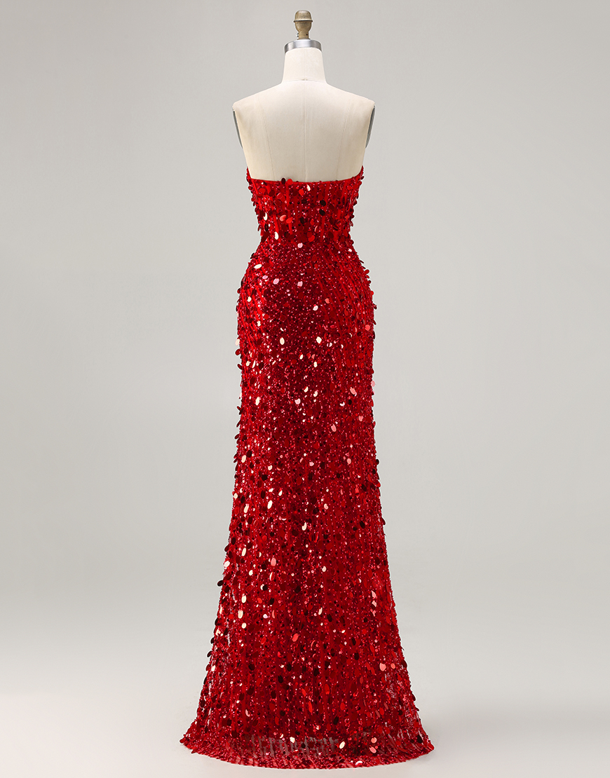 Sparkly Red Strapless Mermaid Sequin Long Corset Prom Dress with Slit