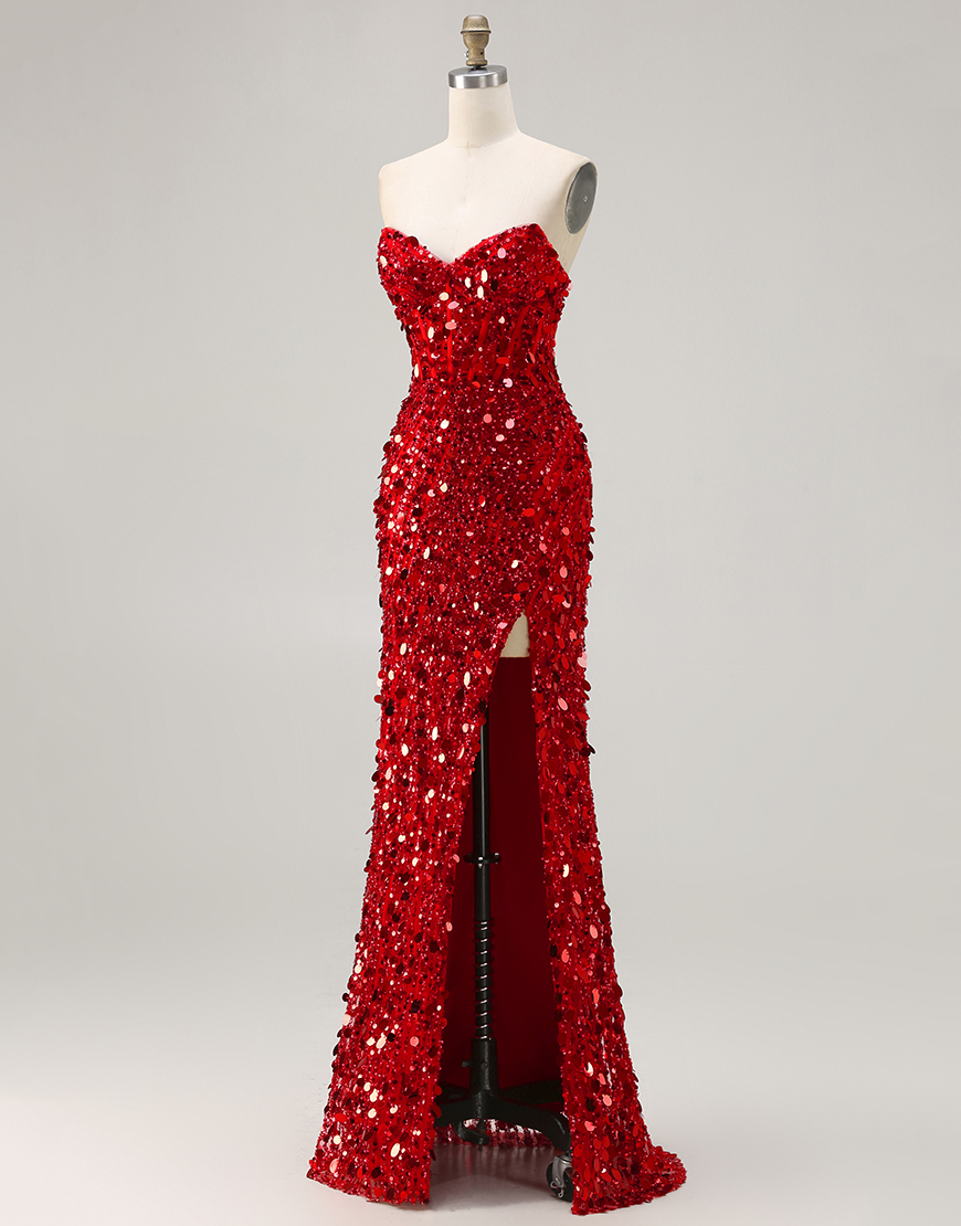 Sparkly Red Strapless Mermaid Sequin Long Corset Prom Dress with Slit