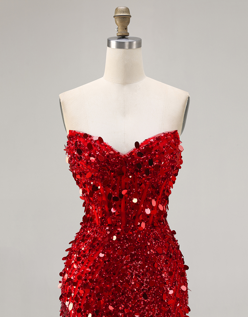 Sparkly Red Strapless Mermaid Sequin Long Corset Prom Dress with Slit