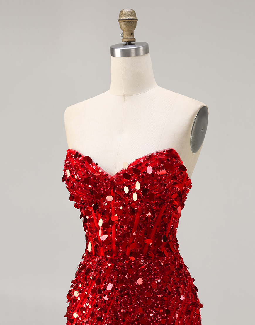 Sparkly Red Strapless Mermaid Sequin Long Corset Prom Dress with Slit