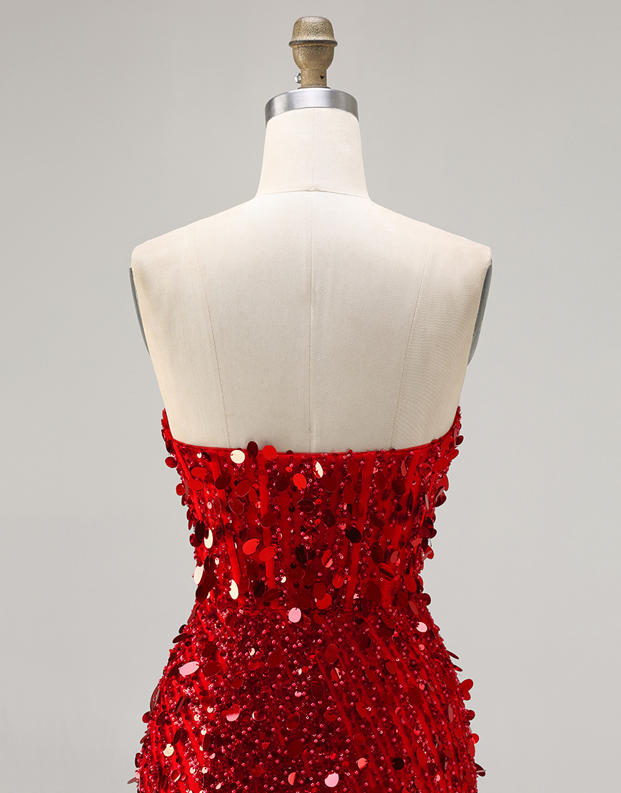 Sparkly Red Strapless Mermaid Sequin Long Corset Prom Dress with Slit