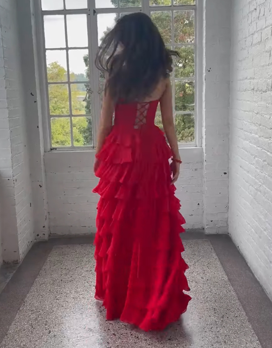 Red A-Line Sweetheart Chiffon Ruffled Long Prom Dress with Slit