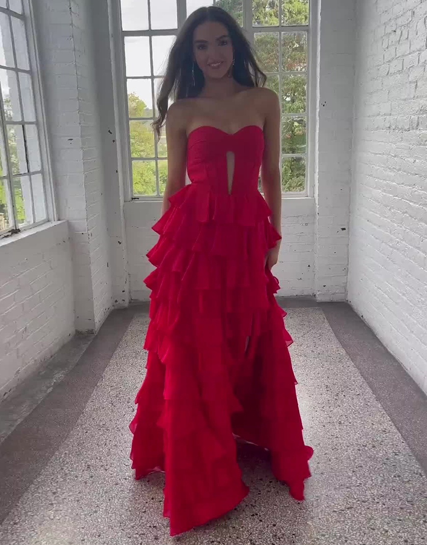Berlinnova Women Red Ruffled Long Chiffon Prom Dress with Slit A-Line Keyhole Sweetheart Tiered Formal Dress