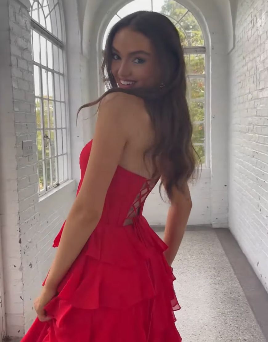 Red A-Line Sweetheart Chiffon Ruffled Long Prom Dress with Slit