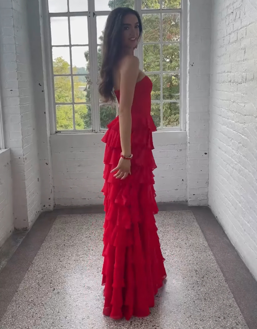 Red A-Line Sweetheart Chiffon Ruffled Long Prom Dress with Slit