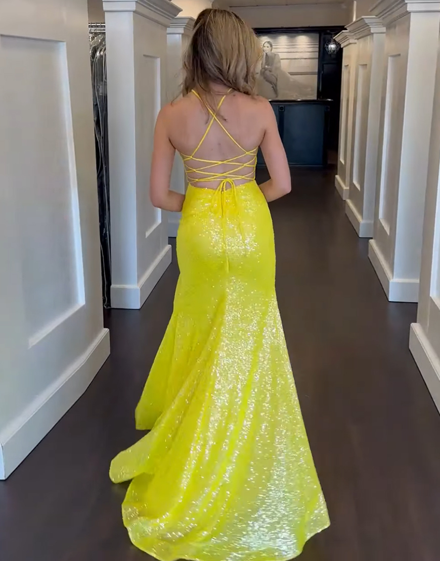 Sparkly Yellow Mermaid Spaghetti Straps Sequin Long Prom Dress with 3D Flowers