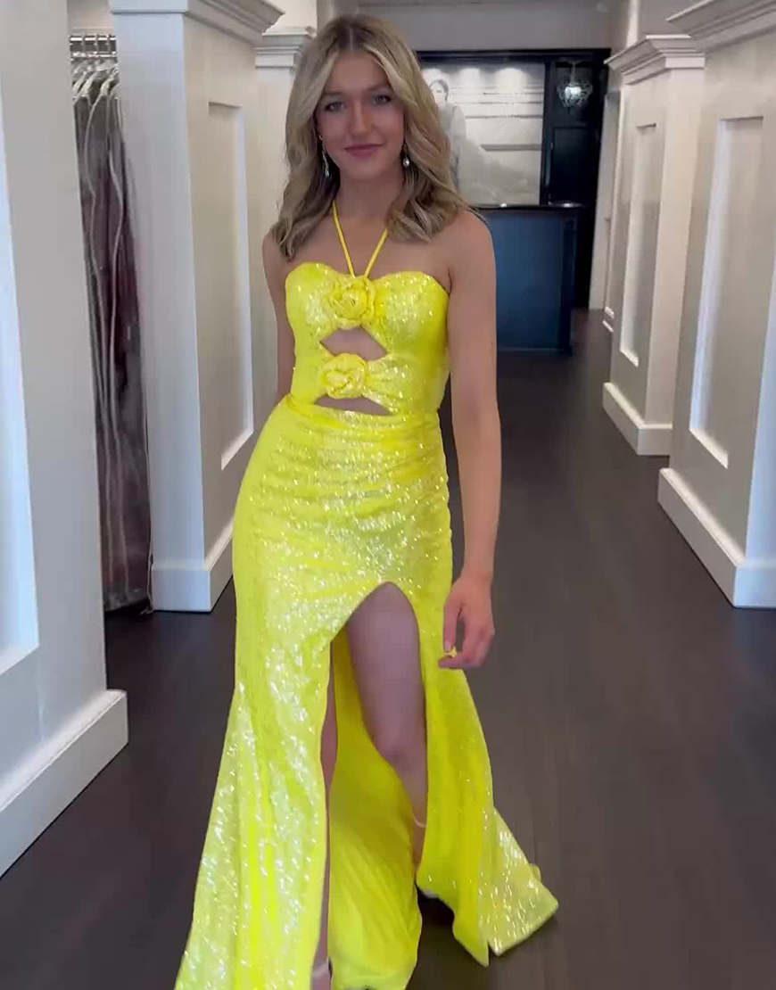 Sparkly Yellow Mermaid Spaghetti Straps Sequin Long Prom Dress with 3D Flowers