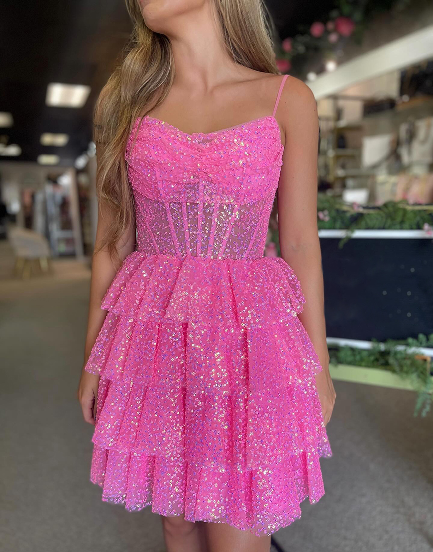 Sparkly Pink  A-Line Spaghetti Straps RuffledCorset Short Homecoming Dress with Sequins