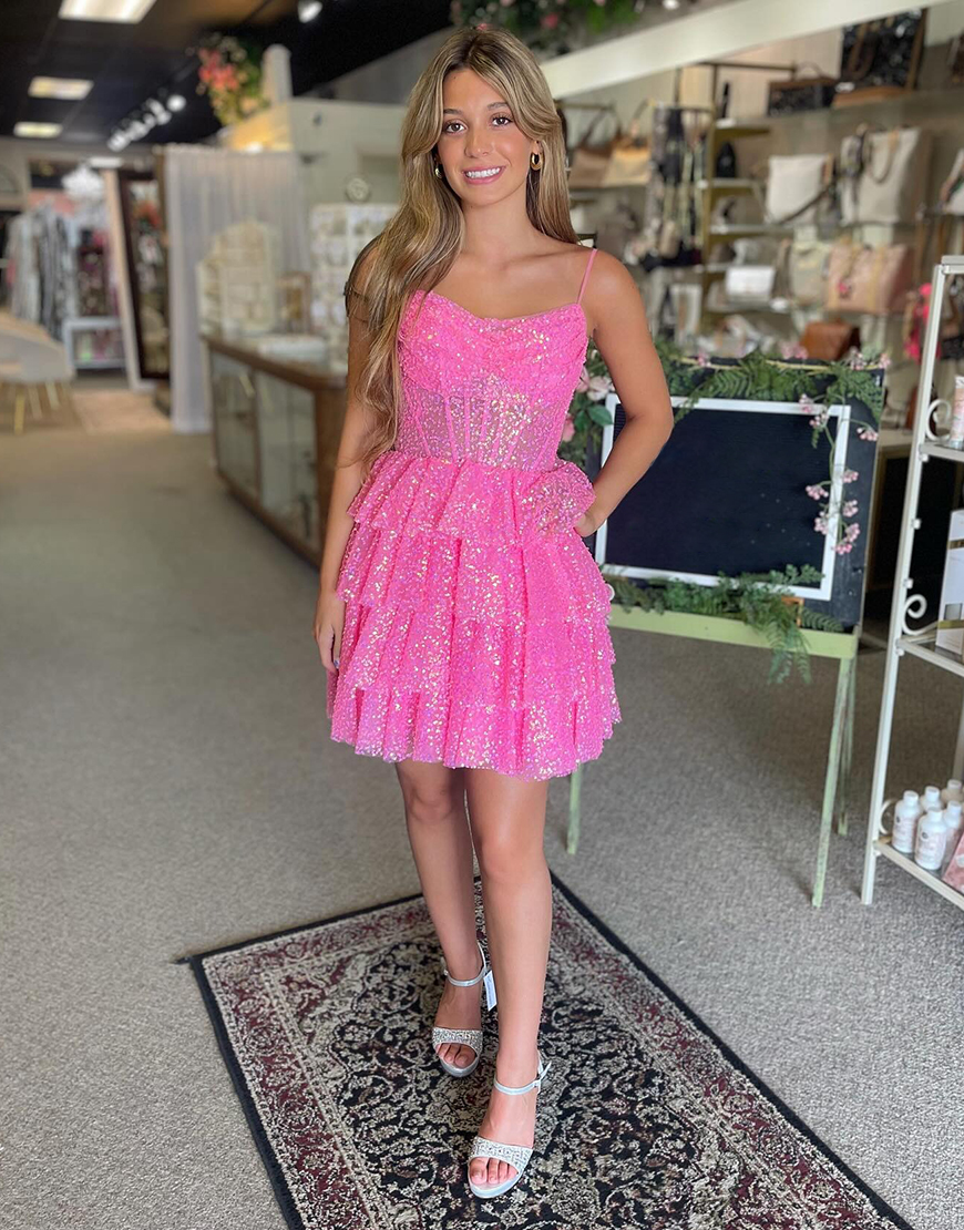 Sparkly Pink  A-Line Spaghetti Straps RuffledCorset Short Homecoming Dress with Sequins