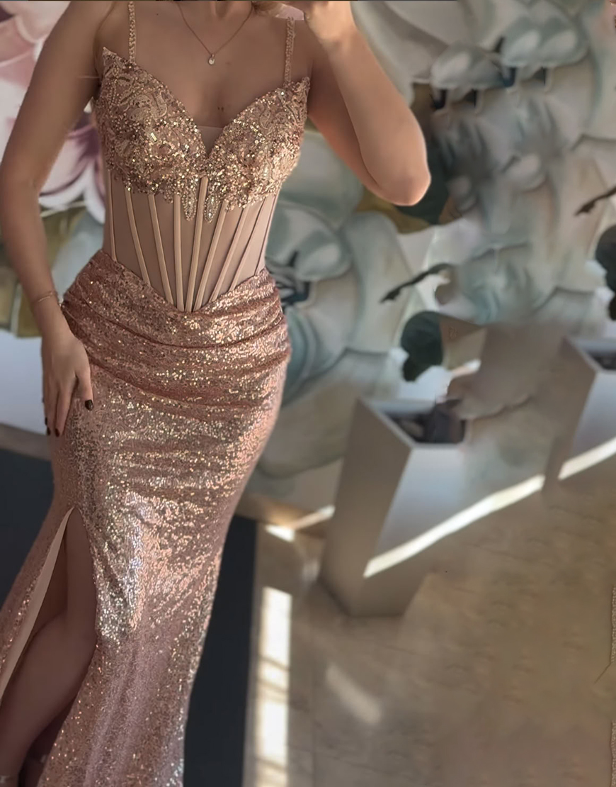 Sparkly Rose Gold Mermaid Spaghetti Straps Sequin Long Corset Prom Dress with Slit