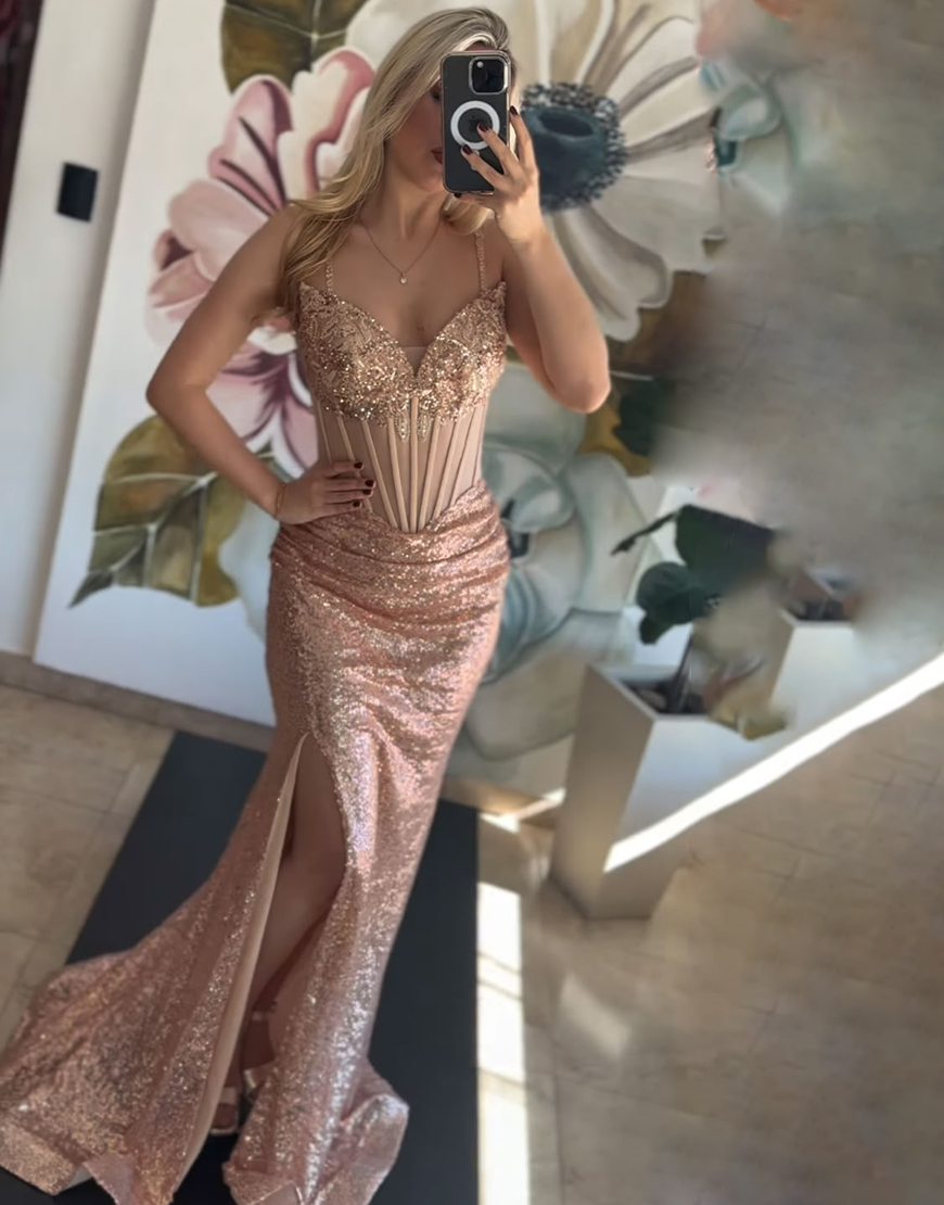 Sparkly Rose Gold Mermaid Spaghetti Straps Sequin Long Corset Prom Dress with Slit