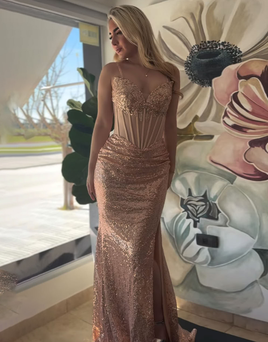 Sparkly Rose Gold Mermaid Spaghetti Straps Sequin Long Corset Prom Dress with Slit