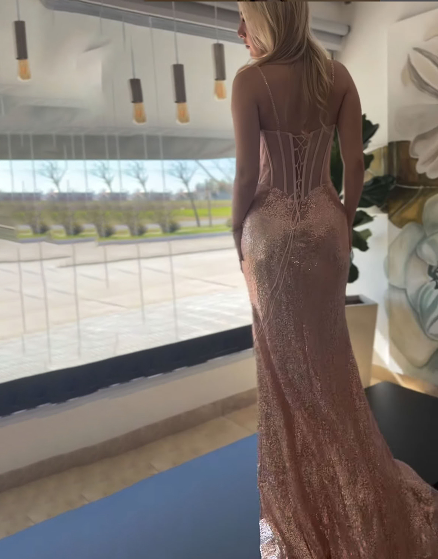 Sparkly Rose Gold Mermaid Spaghetti Straps Sequin Long Corset Prom Dress with Slit