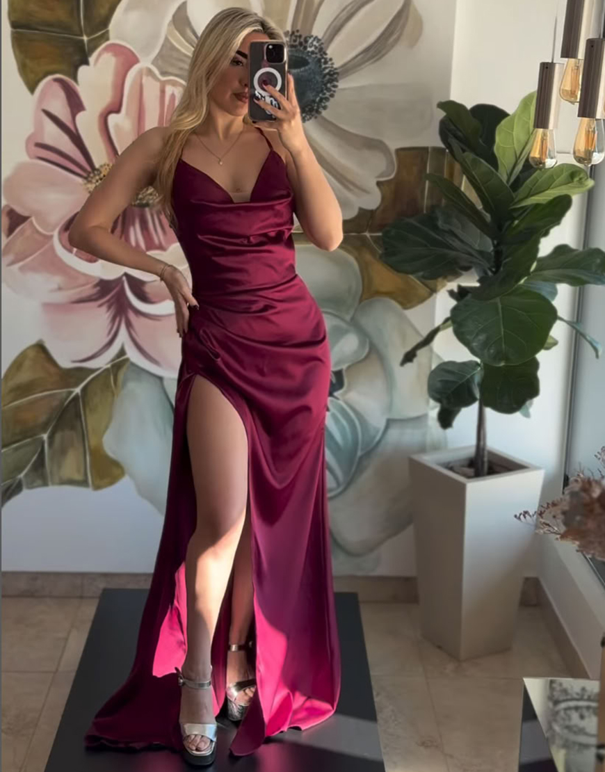 White Spaghetti Straps Mermaid Satin Long Prom Dress with Slit