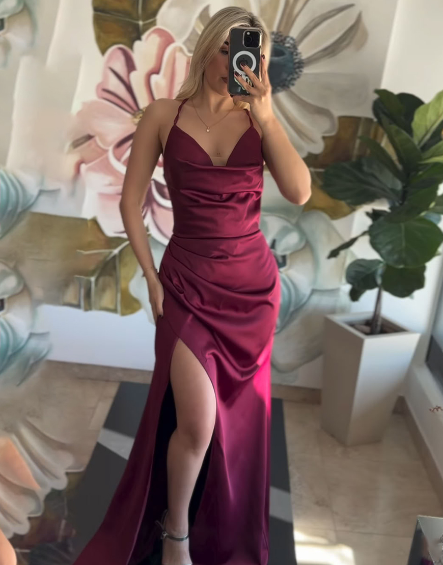 White Spaghetti Straps Mermaid Satin Long Prom Dress with Slit