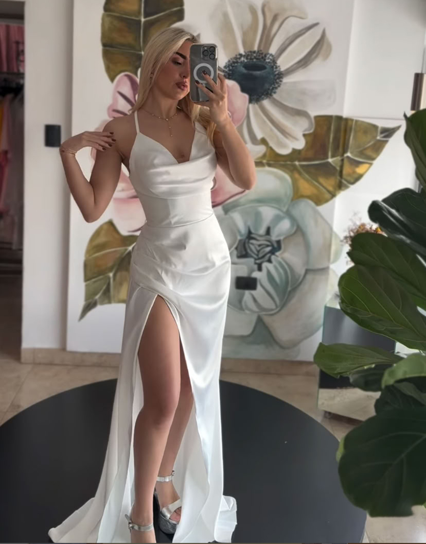 White Spaghetti Straps Mermaid Satin Long Prom Dress with Slit