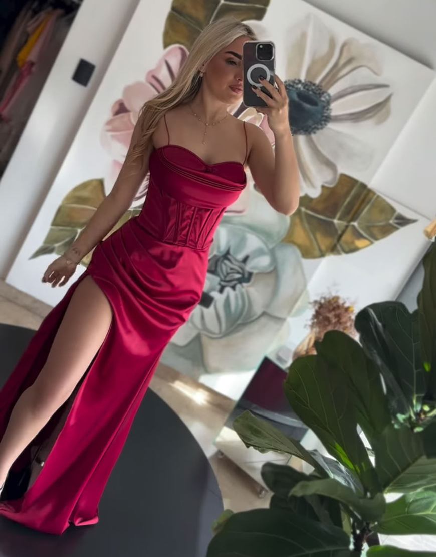 Burgundy Spaghetti Straps Mermaid Satin Long Corset Prom Dress with Slit