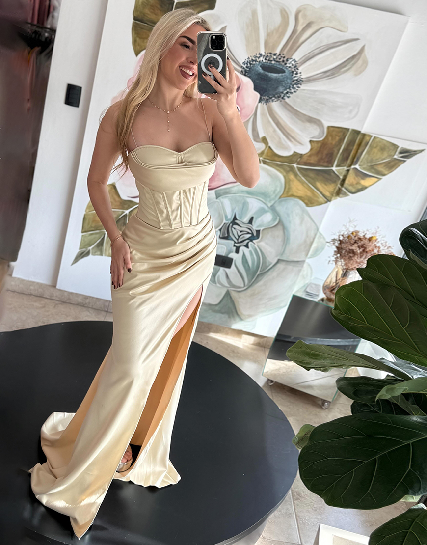 Burgundy Spaghetti Straps Mermaid Satin Long Corset Prom Dress with Slit