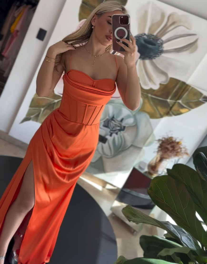 Burgundy Spaghetti Straps Mermaid Satin Long Corset Prom Dress with Slit