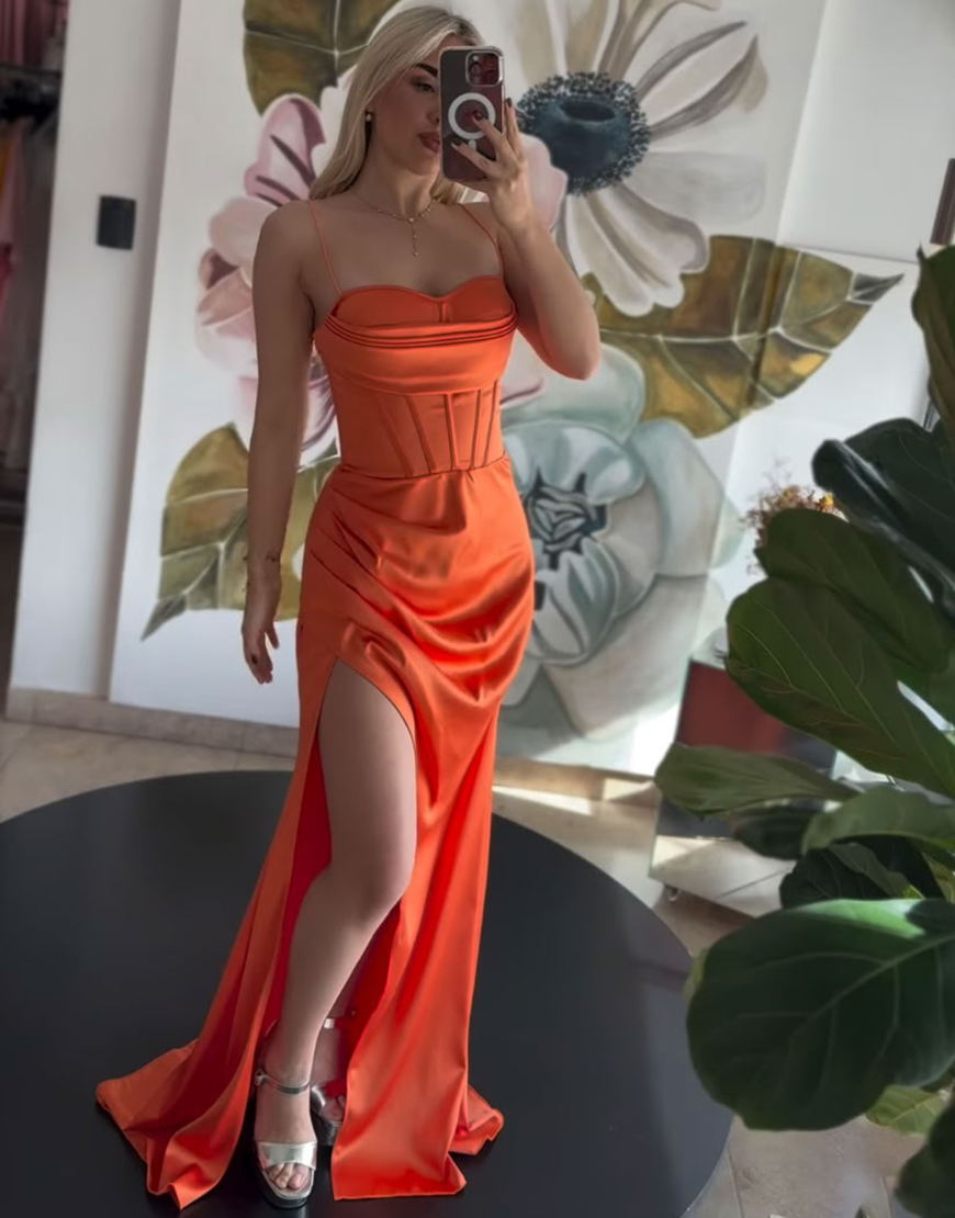 Burgundy Spaghetti Straps Mermaid Satin Long Corset Prom Dress with Slit