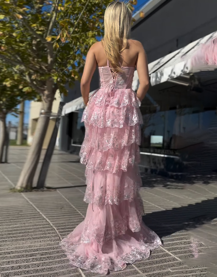 Pink A-Line One Shoulder Tulle Ruffled Long Corset Prom Dress with Appliques
