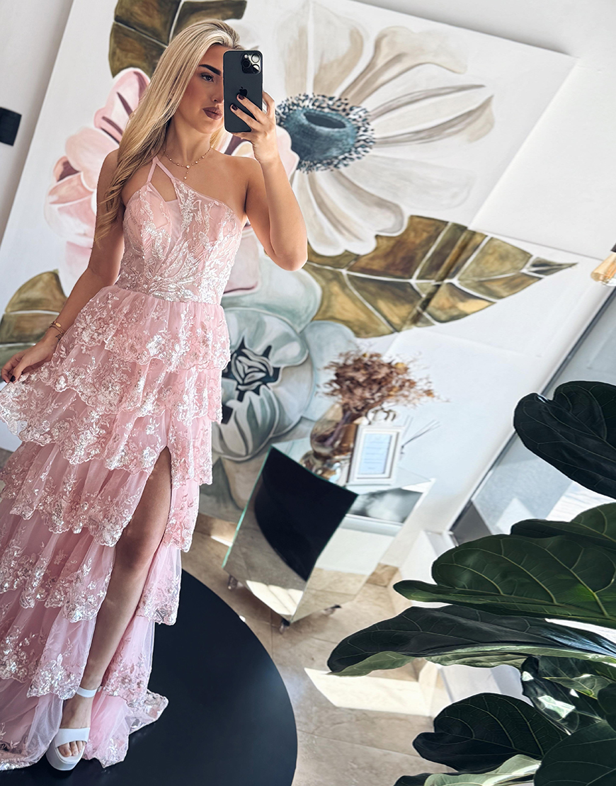 Pink A-Line One Shoulder Tulle Ruffled Long Corset Prom Dress with Appliques