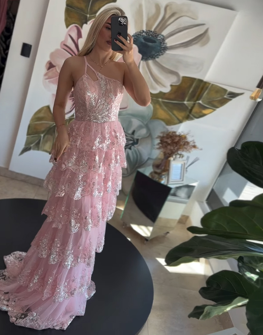 Pink A-Line One Shoulder Tulle Ruffled Long Corset Prom Dress with Appliques