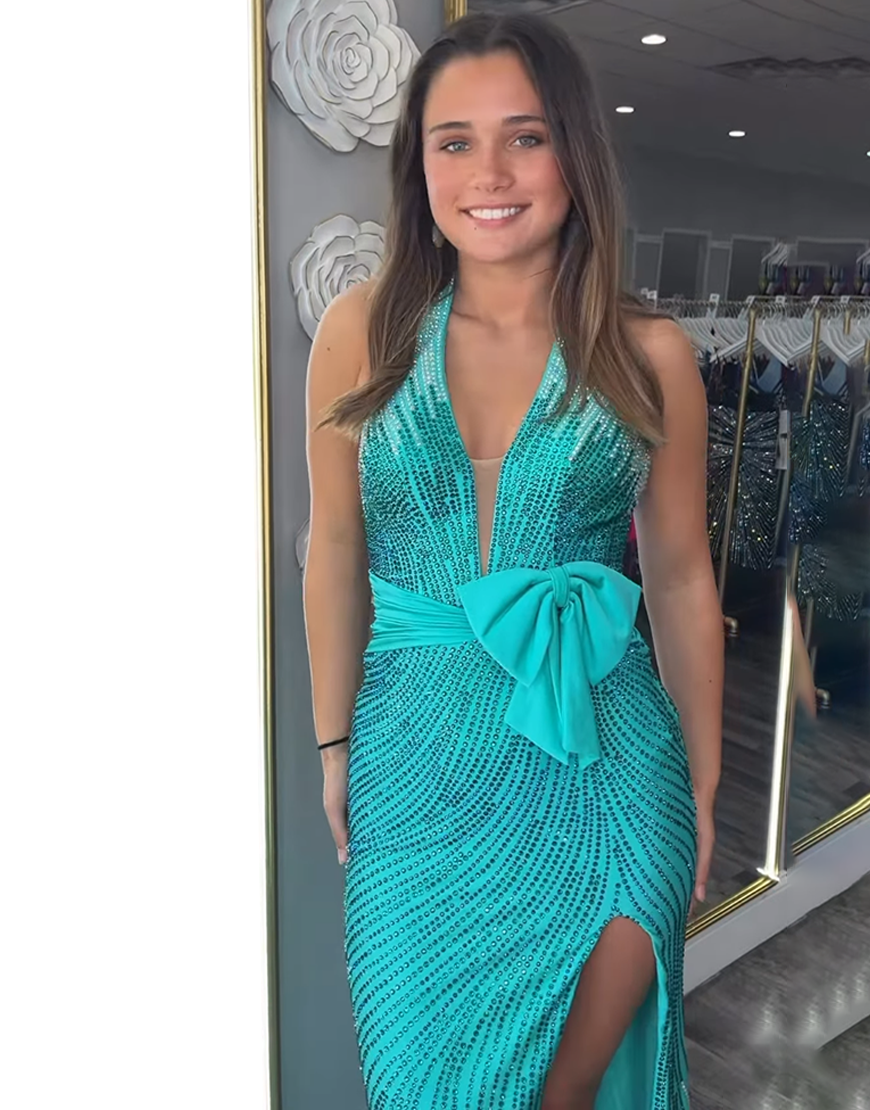 Sparkly Royal Blue Halter Mermaid Satin Long Prom Dress with Beading