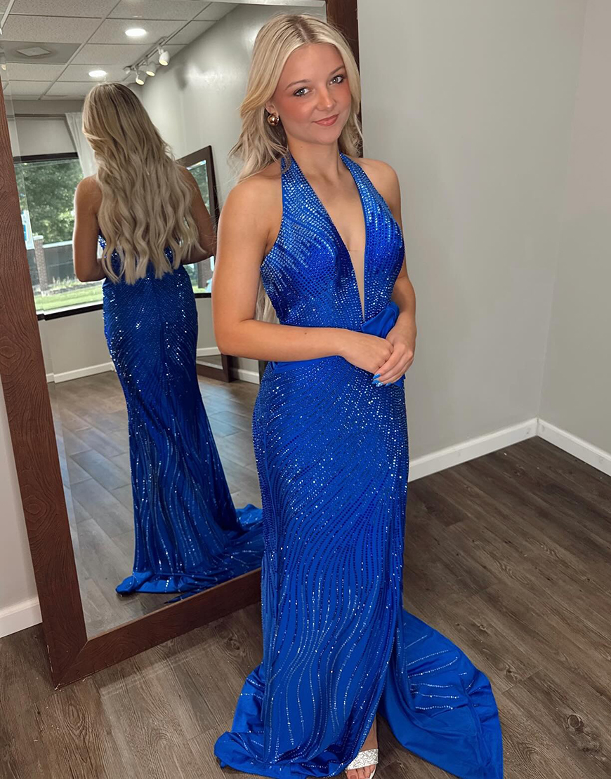 Sparkly Royal Blue Halter Mermaid Satin Long Prom Dress with Beading