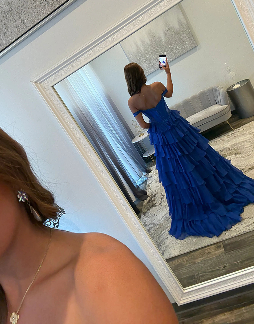 Light Blue Long Off the Shoulder Princess Ruffled Corset Prom Dress with Appliques