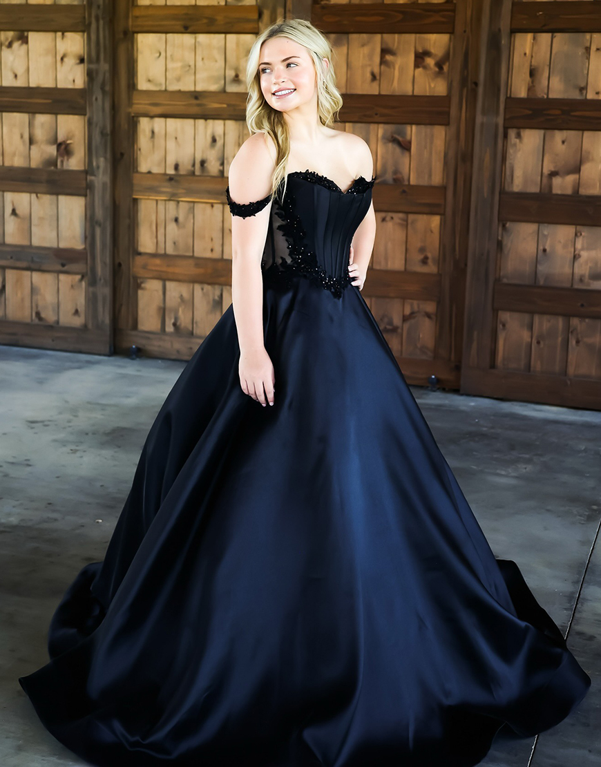 Black Off the Shoulder Princess Long Corset Satin Prom Dress with Appliques