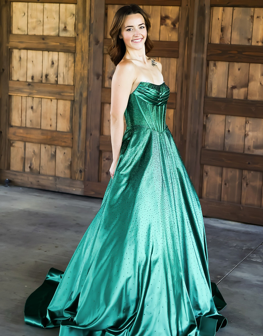 Sparkly Emerald Green A-Line Strapless Satin Long Corset Prom Dress with Beading