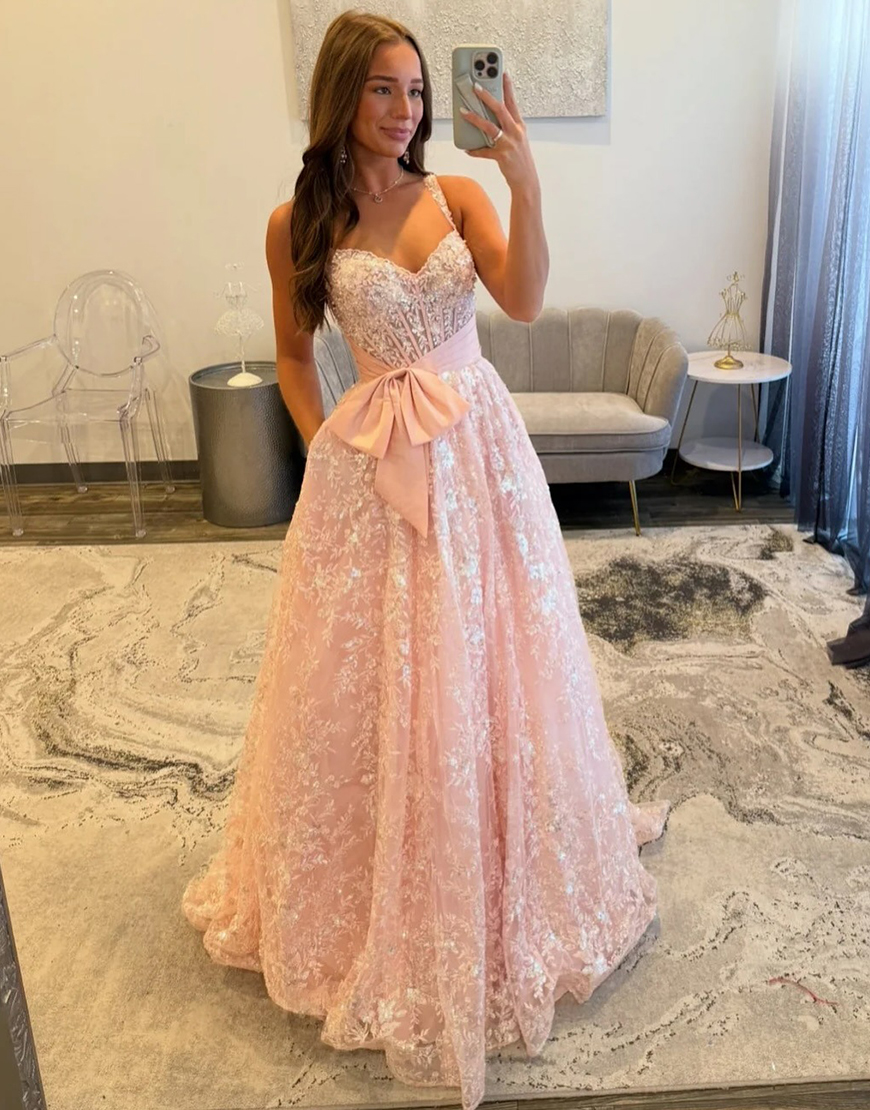 Sparkly White A-Line Spaghetti Straps Long Corset Prom Dress with Appliques