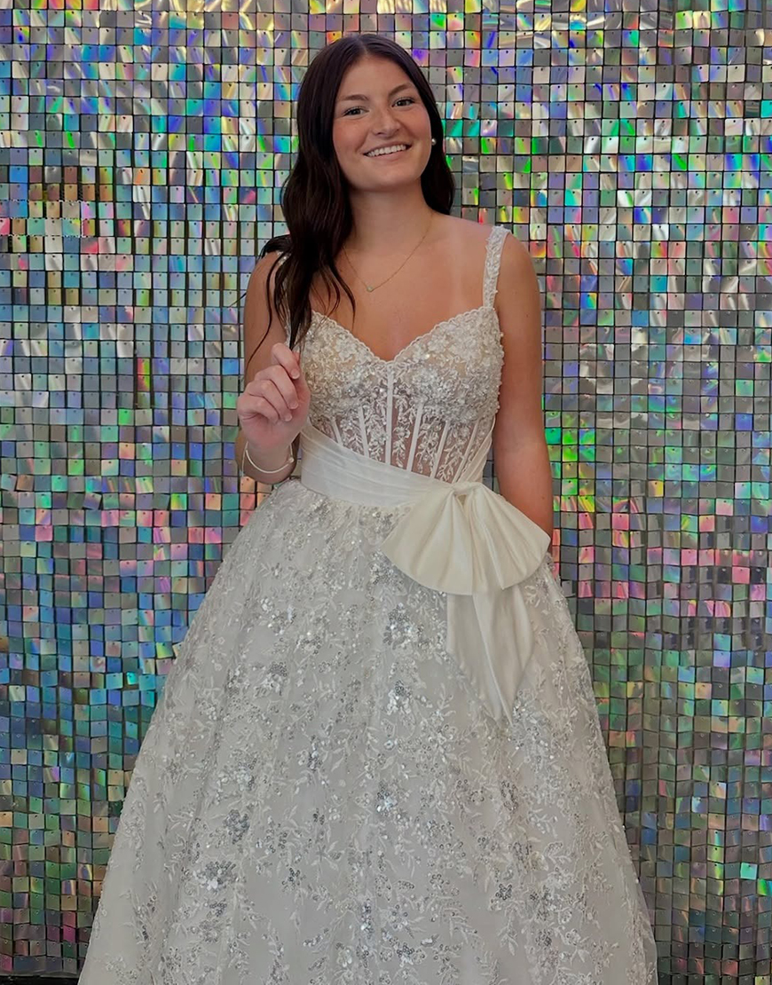 Sparkly White A-Line Spaghetti Straps Long Corset Prom Dress with Appliques