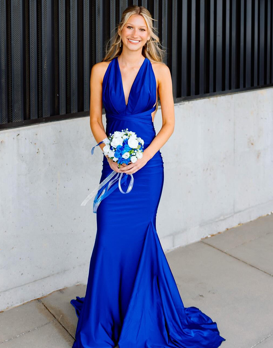 Simple Royal Blue Mermaid V-Neck Satin Long Prom Dress