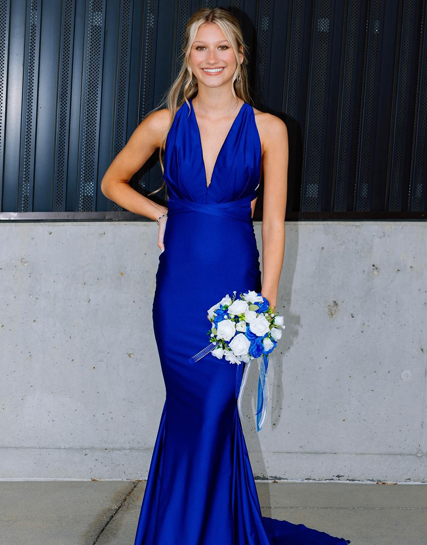 Simple Royal Blue Mermaid V-Neck Satin Long Prom Dress