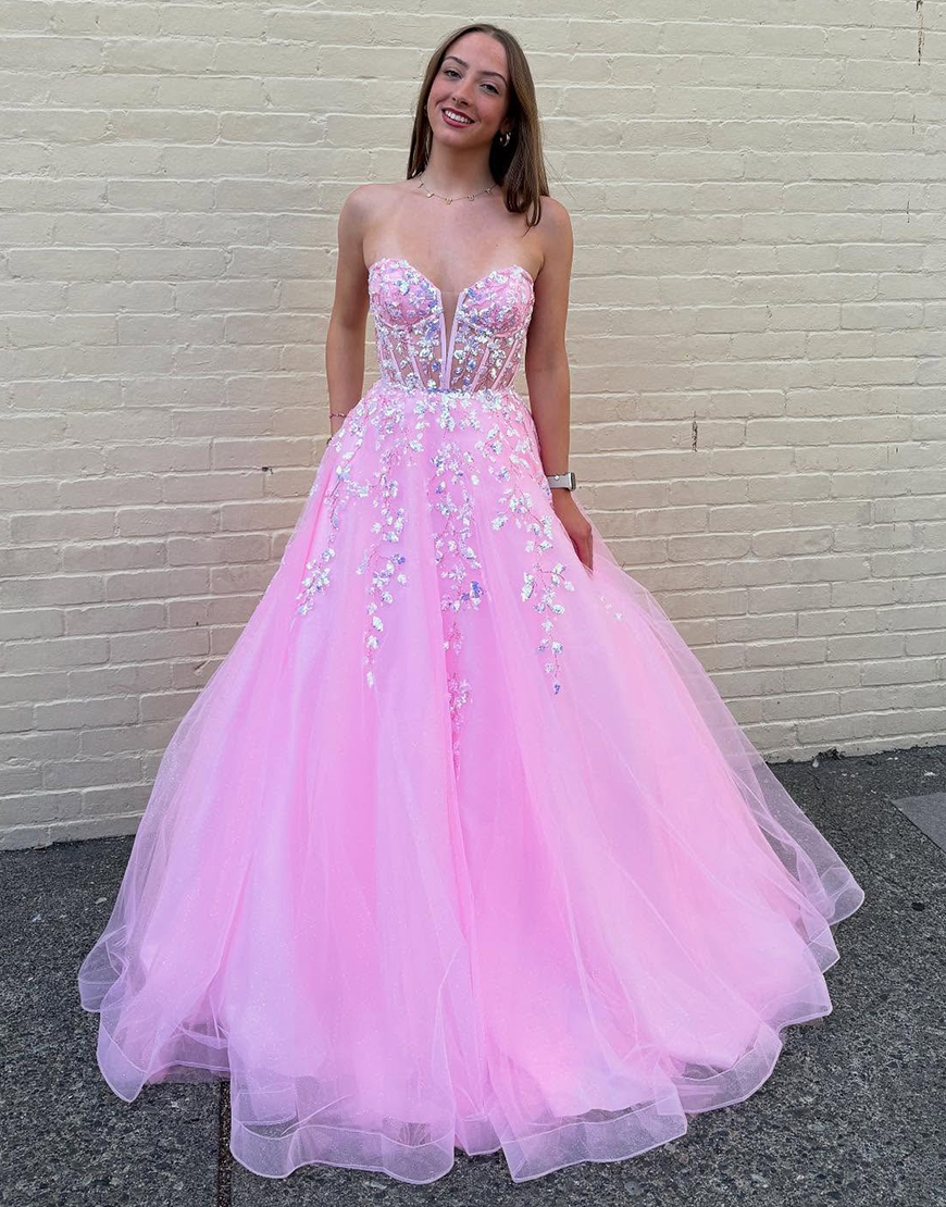 Pink Sweetheart Princess Tulle Corset Long Prom Dress with Appliques