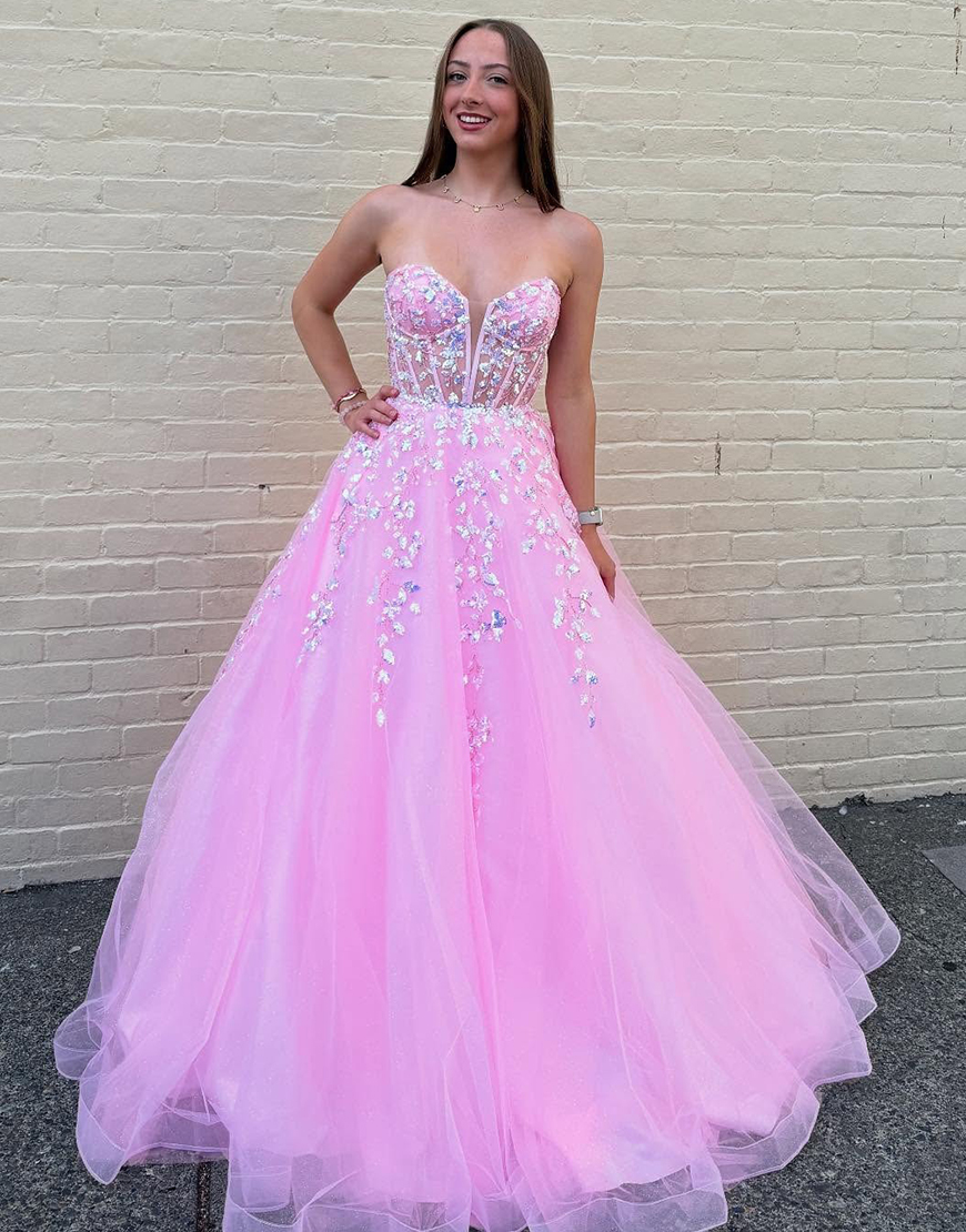 Pink Sweetheart Princess Tulle Corset Long Prom Dress with Appliques