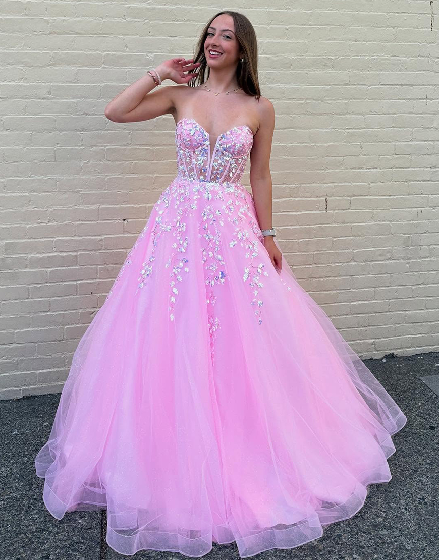 Pink Sweetheart Princess Tulle Corset Long Prom Dress with Appliques