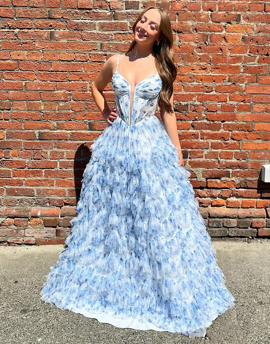 Blue Floral Spaghetti Straps Princess Ruffled Long Tulle Corset Prom Dress