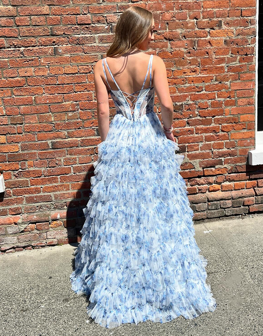 Blue Floral Spaghetti Straps Princess Ruffled Long Tulle Corset Prom Dress