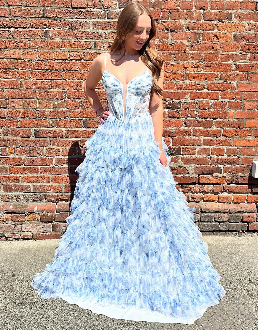 Blue Floral Spaghetti Straps Princess Ruffled Long Tulle Corset Prom Dress