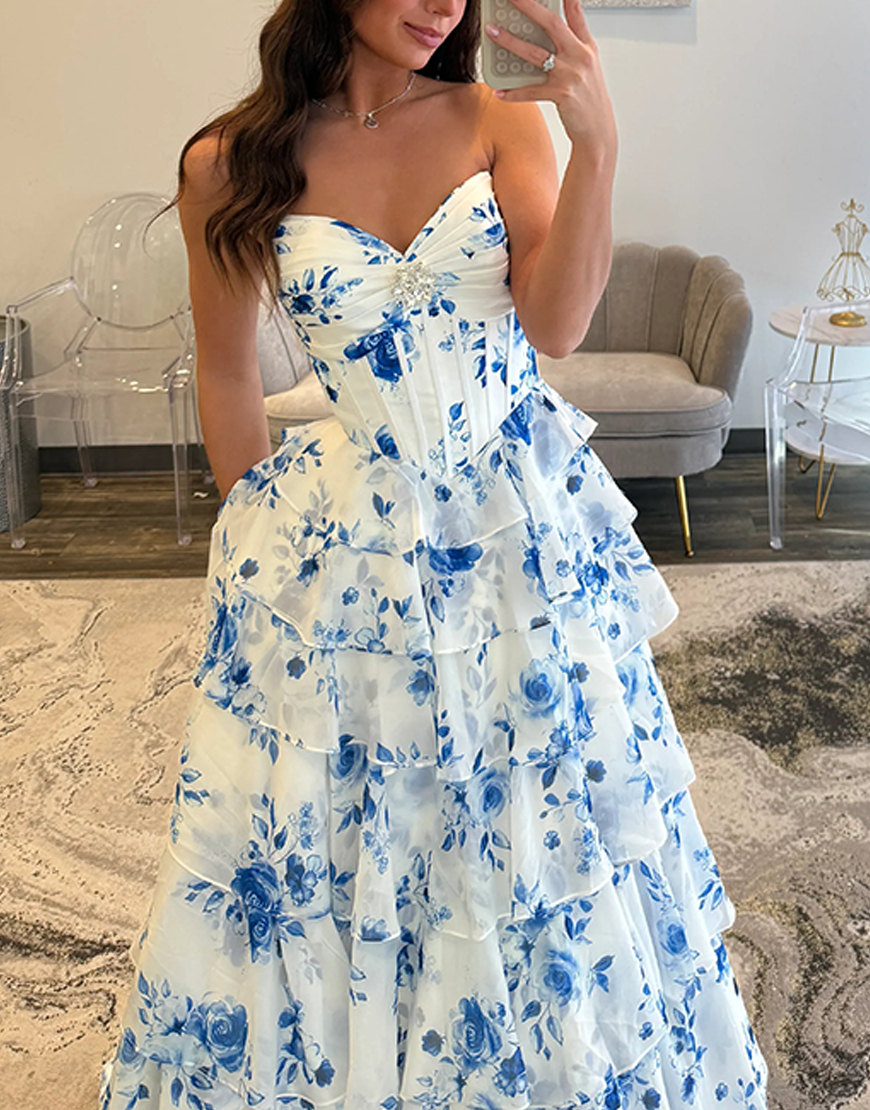 Blue Floral A Line Long Tiered Princess Ruffled Corset Prom Dress with Slit