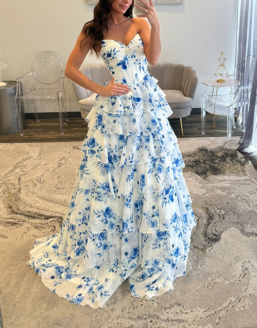 Blue Floral A Line Long Tiered Princess Ruffled Corset Prom Dress with Slit