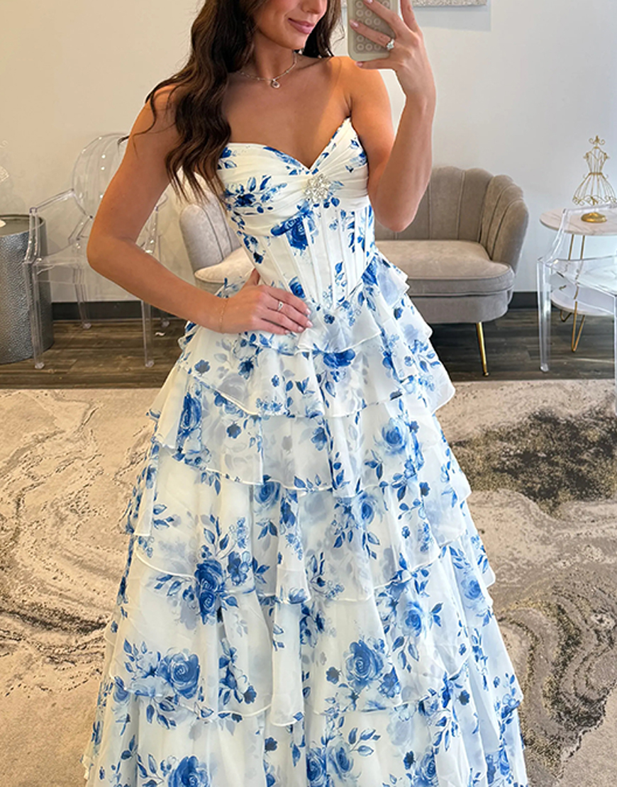 Blue Floral A Line Long Tiered Princess Ruffled Corset Prom Dress with Slit