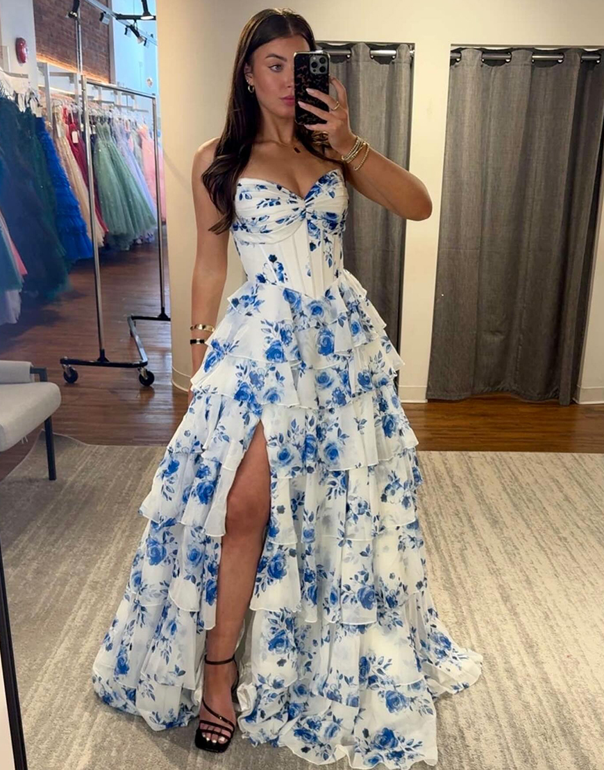 Blue Floral Sweetheart Long Princess Ruffled Corset Prom Dress with Slit