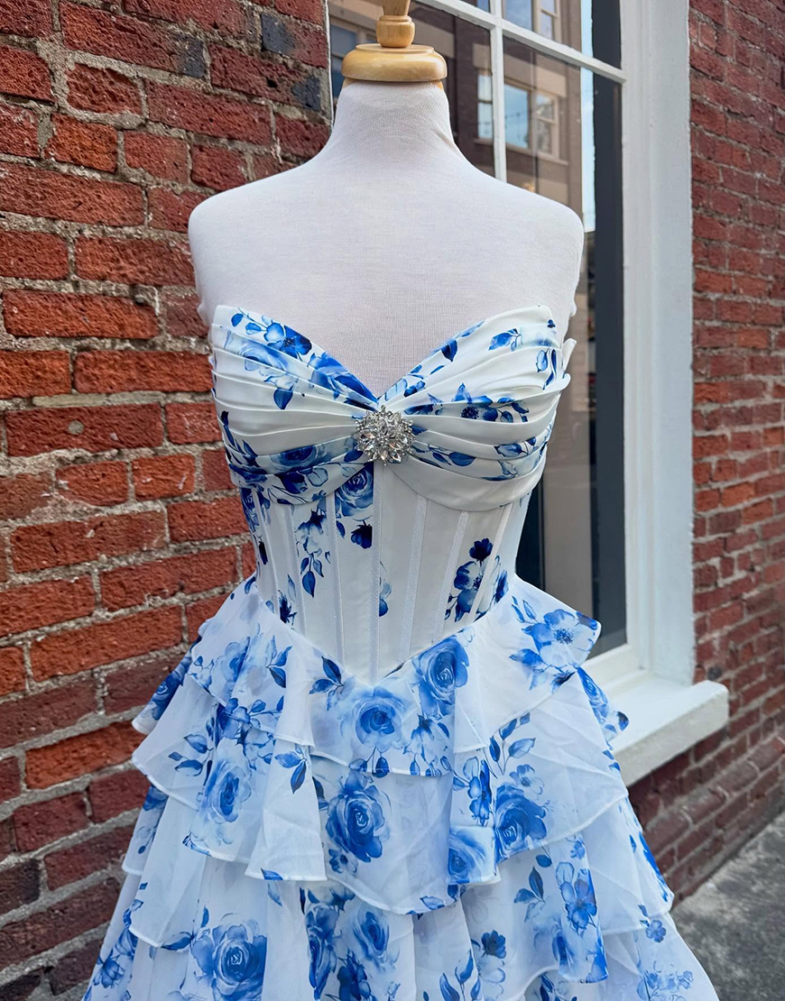 Blue Floral Sweetheart Long Princess Ruffled Corset Prom Dress with Slit