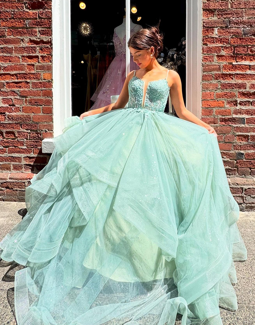 Sage Spaghetti Straps Princess Tulle Corset Long Prom Dress with Appliques